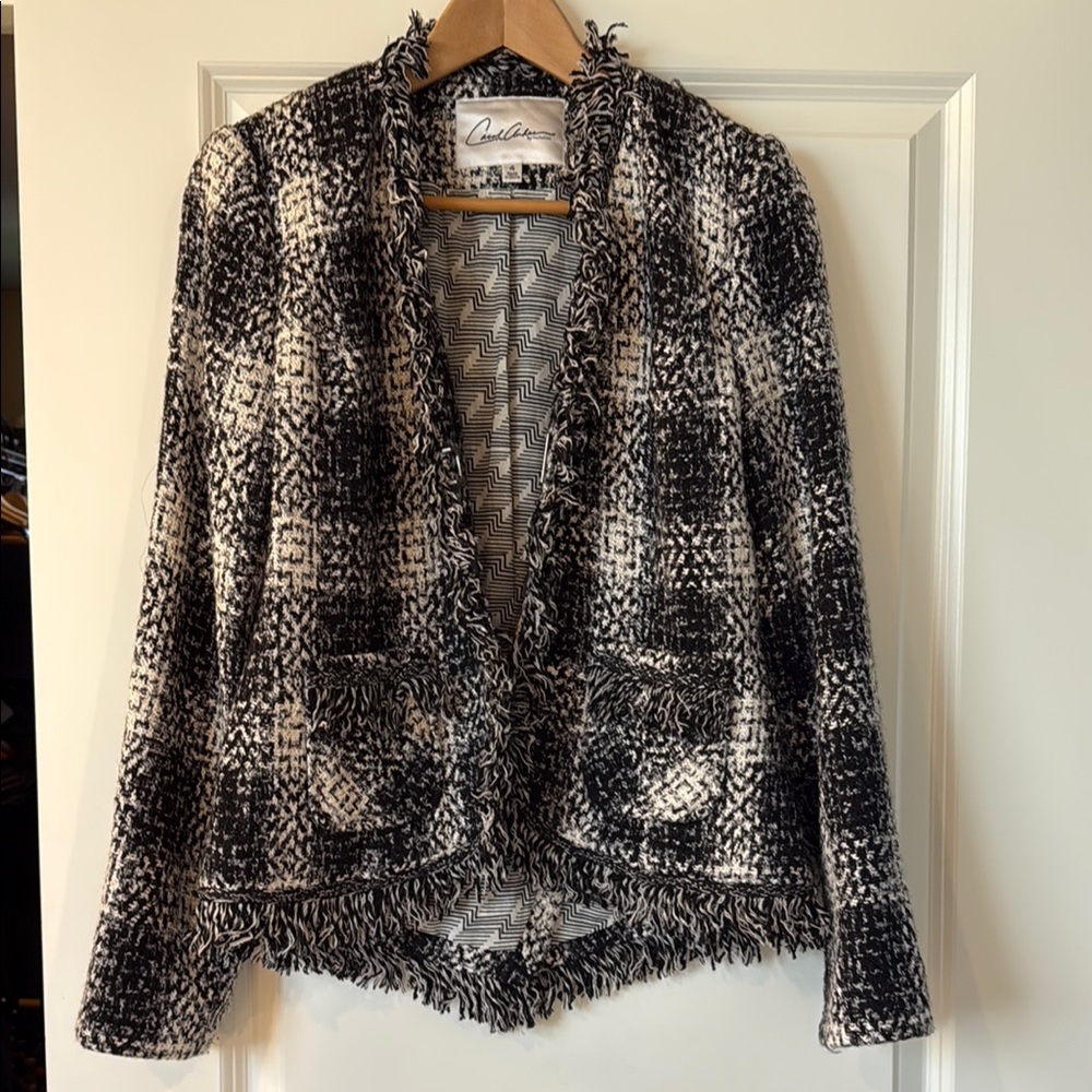 Black and White Tweed Blazer with Frayed Edges